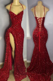 Vintage Red Sheath Prom Dress Sparkling Beaded Sequin Evening Gown High Slit Party Dress Long Formal Dress HZ1024
