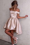 Fashion Pink Off-the-Shoulder Pleated Design Satin Short Homecoming Dress HZ1024