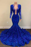 Vintage Royal Blue Mermaid Prom Dress Sequined Evening Gown Party Dress Long Formal Dress HZ1024