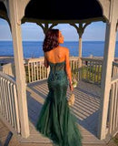 Green Mermaid Heart Neck Strapless Sequined Tulle Long Prom Dresses HZ1024