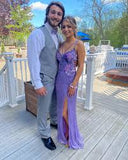 Purple Mermaid High Split Spaghetti Strap Bow Sequin Long Prom Dresses HZ1024