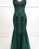 Green Mermaid Heart Neck Strapless Sequined Tulle Long Prom Dresses HZ1024