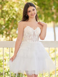 Charming Sweetheart White Lace Design A-line Strapless Homecoming Dress HZ1024