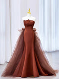 Mermaid Satin Tulle Long Prom Dress, Brown Strapless Evening Party Dress HZ1024