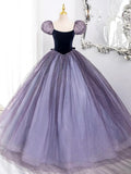 Purple Tulle and Velvet Floor Length Prom Dress, Beautiful A-Line Short Sleeve Party Dress HZ1024