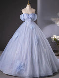 Blue Tulle Long A-Line Prom Dress Party Dress, Beautiful Off the Shoulder Blue Evening Dress HZ1024