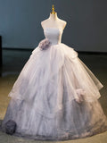Gray Tulle Floor Length Formal Dress, A-Line Strapless Evening Party Dress HZ1024