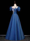 Elegant Blue Tulle Lace Long Prom Dress, Blue High Neck A-Line Evening Dress HZ1024