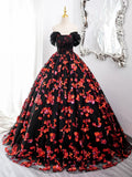 Black Tulle and Red Sequins Long Formal Gown, Off the Shoulder Evening Party Dress HZ1024