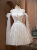 Lovely A-Line Tulle Lace Knee Length Prom Dress, Ivory Off the Shoulder Party Dress HZ1024