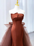 Mermaid Satin Tulle Long Prom Dress, Brown Strapless Evening Party Dress HZ1024