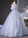 Blue Tulle Long A-Line Prom Dress Party Dress, Beautiful Off the Shoulder Blue Evening Dress HZ1024