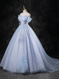 Blue Pearl Tulle Floor Length Prom Dress, A-Line Off the Shoulder Formal Party Dress HZ1024