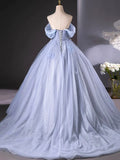 Blue Tulle Long A-Line Prom Dress Party Dress, Beautiful Off the Shoulder Blue Evening Dress HZ1024