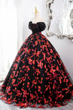 Black Tulle and Red Sequins Long Formal Gown, Off the Shoulder Evening Party Dress HZ1024