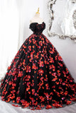 Black Tulle and Red Sequins Long Formal Gown, Off the Shoulder Evening Party Dress HZ1024
