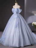 Blue Tulle Long A-Line Prom Dress Party Dress, Beautiful Off the Shoulder Blue Evening Dress HZ1024