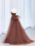 Mermaid Satin Tulle Long Prom Dress, Brown Strapless Evening Party Dress HZ1024