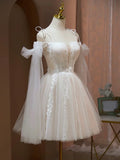 Lovely A-Line Tulle Lace Knee Length Prom Dress, Ivory Off the Shoulder Party Dress HZ1024