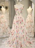 Ivory Floral Tulle Sweetheart Strapless Long Formal Dress, Tulle A-line Prom Dress HZ1024