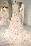 Ivory Floral Tulle Sweetheart Strapless Long Formal Dress, Tulle A-line Prom Dress HZ1024