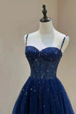 Blue Beaded Sweetheart Tulle A-line Prom Dress, Blue Long Party Dress HZ1024