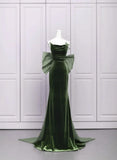 Green Velvet Straps Low Back Evening Dress, Green Velvet Prom Dress HZ1024