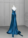 Blue Soft Satin Long Prom Dress with Leg Slit, Blue Evening Dress Formal Dress HZ1024