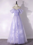 A-line Purple Tulle with Lace Off Shoulder Formal Dress, Purple Tulle Prom Dress HZ1024