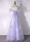 A-line Purple Tulle with Lace Off Shoulder Formal Dress, Purple Tulle Prom Dress HZ1024