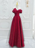 Chic Satin Long Party Dress Prom Dress, A-line Red Off Shoulder Evening Dress HZ1024