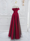 Chic Satin Long Party Dress Prom Dress, A-line Red Off Shoulder Evening Dress HZ1024