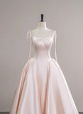 Pink Satin Straps Long Formal Dress with Bow, Pink Satin Prom Dress Party Dress HZ1024
