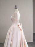 Pink Satin Straps Long Formal Dress with Bow, Pink Satin Prom Dress Party Dress HZ1024