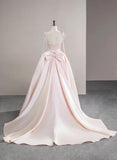 Pink Satin Straps Long Formal Dress with Bow, Pink Satin Prom Dress Party Dress HZ1024