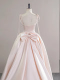 Pink Satin Straps Long Formal Dress with Bow, Pink Satin Prom Dress Party Dress HZ1024