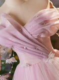 Pink Off Shoulder Tulle Long Formal Dress, Pink A-line Prom Dress HZ1024