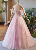 Pink Off Shoulder Tulle Long Formal Dress, Pink A-line Prom Dress HZ1024