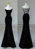 Black Mermaid Sequins Long Formal Dress, Black Straps Long Evening Dress HZ1024