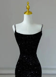 Black Mermaid Sequins Long Formal Dress, Black Straps Long Evening Dress HZ1024