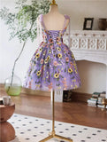 Cute Light Purple Lace Flowers Short Homecoming Dress, Purple Short Party Dress HZ1024