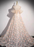 Beautiful A-line Off Shoulder Flowers Lace Formal Dress, Long Prom Dress HZ1024
