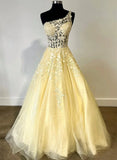 Beautiful One Shoulder Yellow Tulle with Lace Party Dress, Yellow Prom Dress HZ1024
