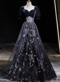 Black Tulle and Velvet A-line Long Party Dress, Black Long Prom Dress HZ1024