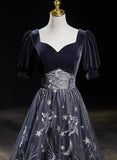 Black Tulle and Velvet A-line Long Party Dress, Black Long Prom Dress HZ1024