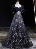Black Tulle and Velvet A-line Long Party Dress, Black Long Prom Dress HZ1024