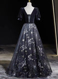 Black Tulle and Velvet A-line Long Party Dress, Black Long Prom Dress HZ1024