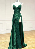 Dark Green Satin with Lace Long Party Dress, Green Straps Prom Dress HZ1024