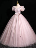 Beautiful Floral Tulle Floor Length Prom Dress, Pink A-Line Short Sleeve Evening Dress HZ1024