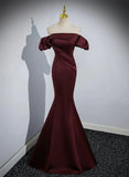 Charming Maroon Satin Mermaid Off Shoulder Prom Dress, Maroon Party Dress HZ1024
